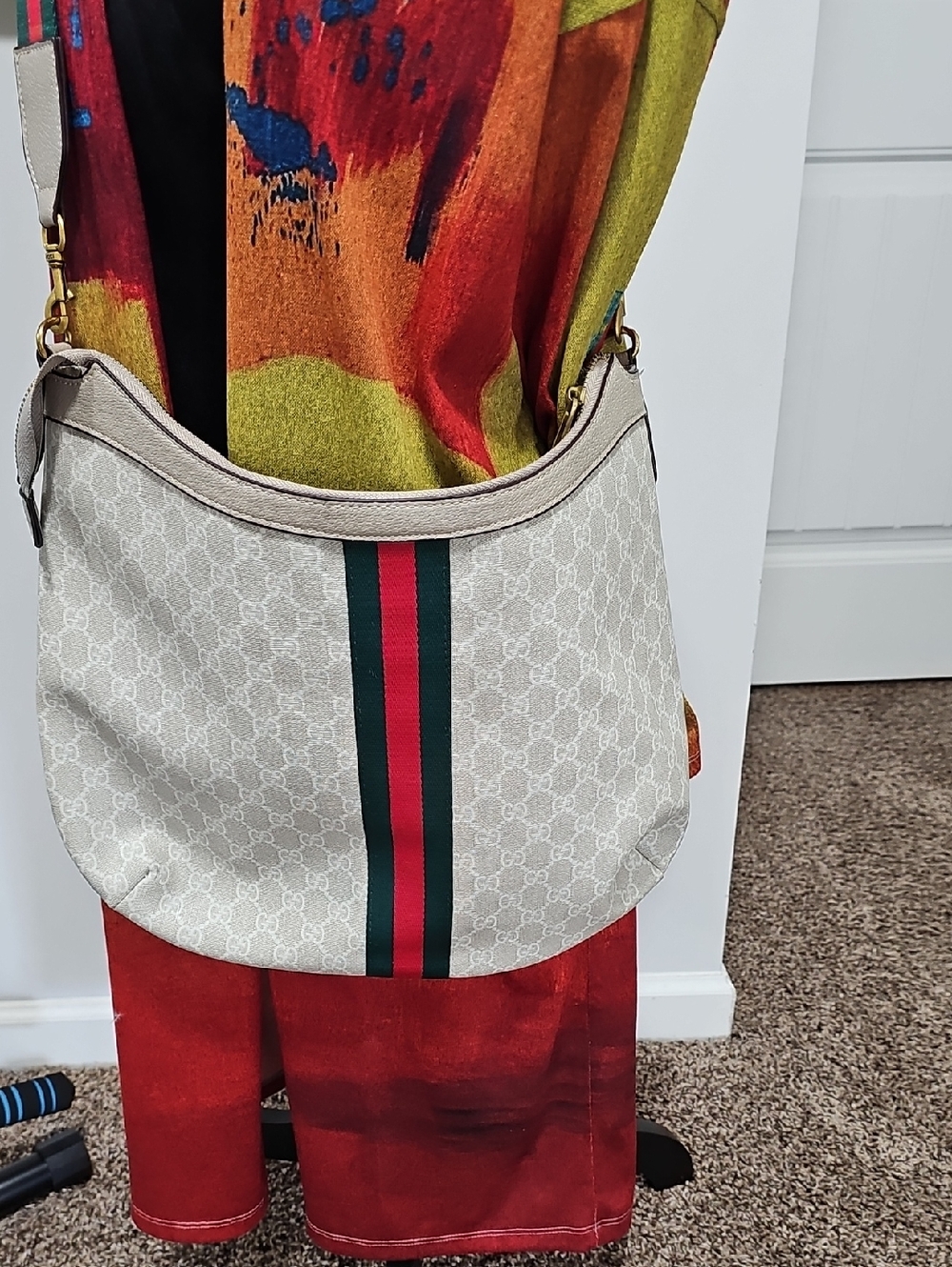 Gucci Beige GG Canvas Shoulder Bag with Red and Green Web Stripe